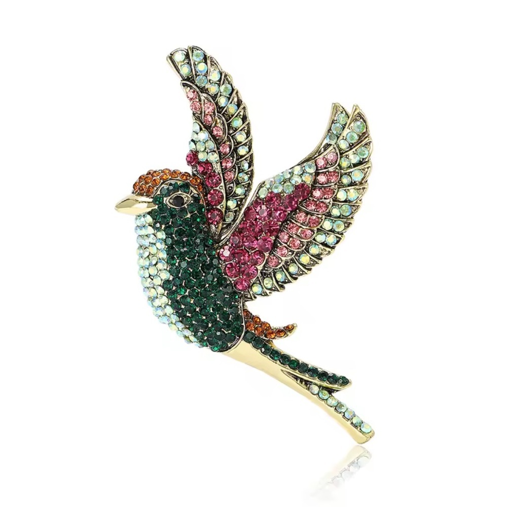 Royal Hummingbird Green Pink Crystal Bird Gold Brooch - Picture 2 of 6